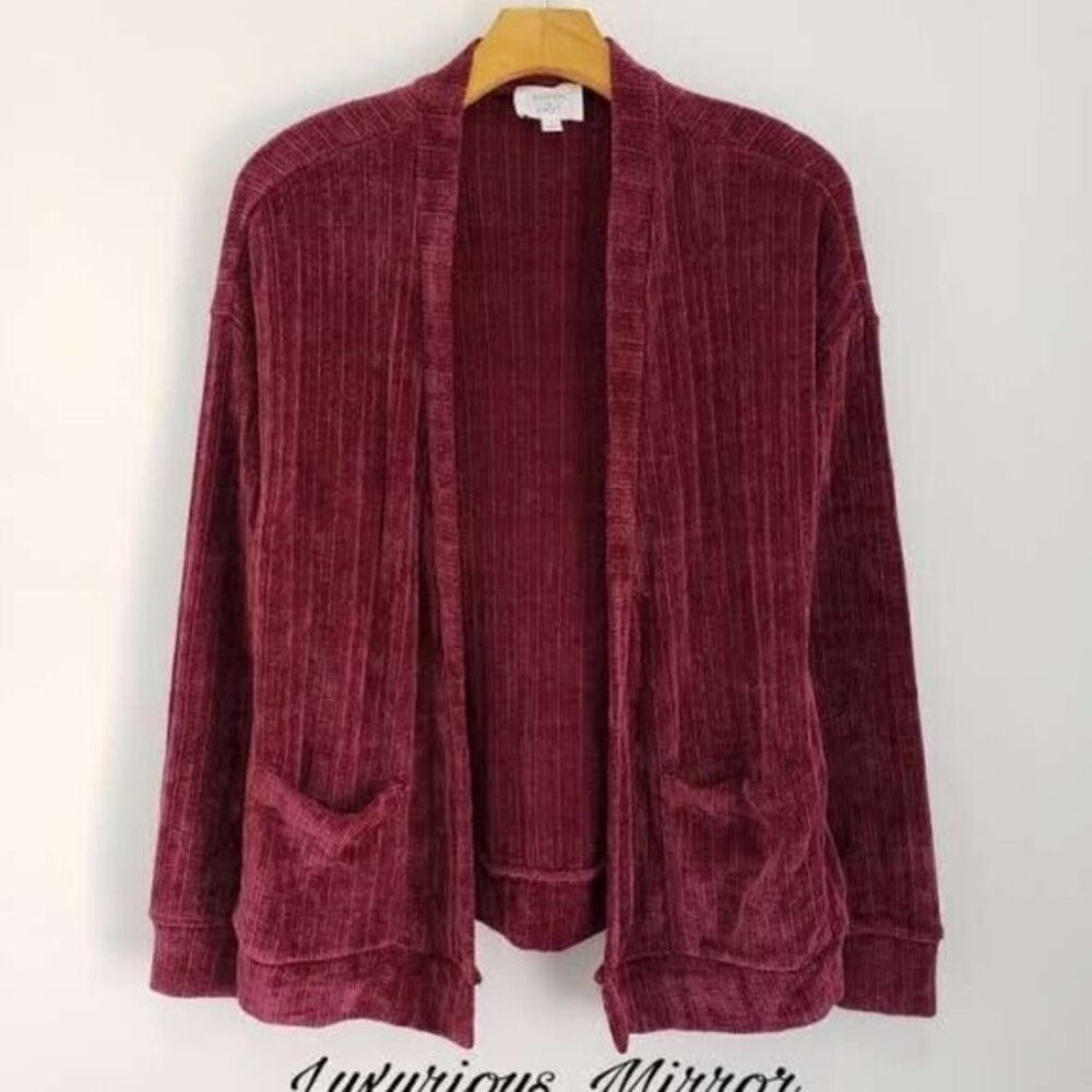 Stitch And Knot Cardigan Chenille Sweater Red Purple Open Front Pockets Womens S